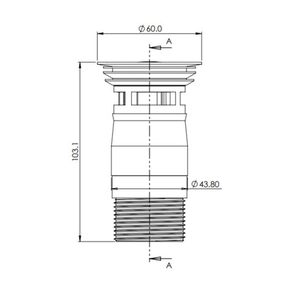 [BKT736] Modern Round Bathroom Click-Clack Slotted Basin Waste with Overflow, Top Fix Installation, 103 x 60 x 104 mm - Choice of Colour - Technical Drawing