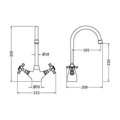 [BKT803] Norbury Mono Mixer Kitchen Tap - Multiple Handle and Finish Options Available - Technical Drawing