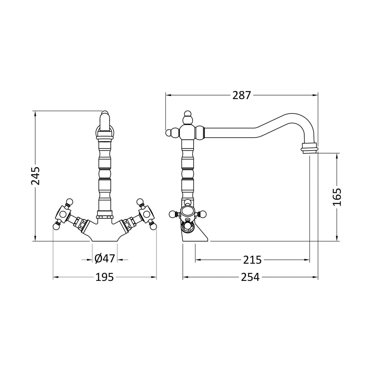 [BKT805] Norbury Traditional French Classic Mono Sink Mixer Tap - Choice of Colour - Technical Drawing