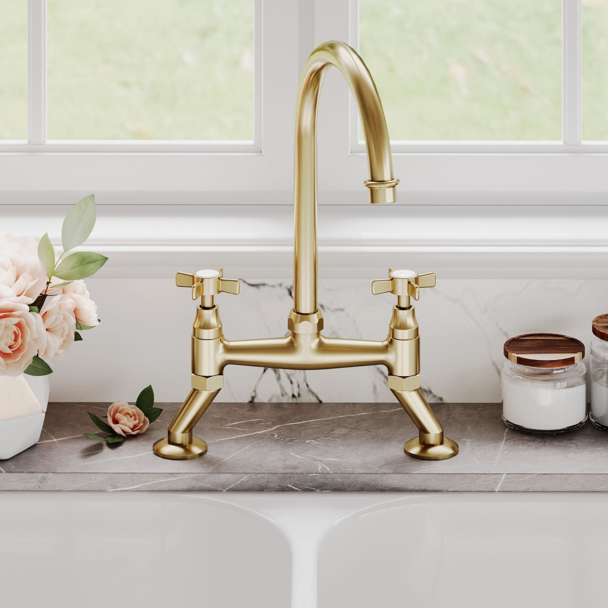[BKT806] Norbury Bridge Mixer Kitchen Tap - Crosshead or Lever Handles, Choice of Colour - Lifestyle 1