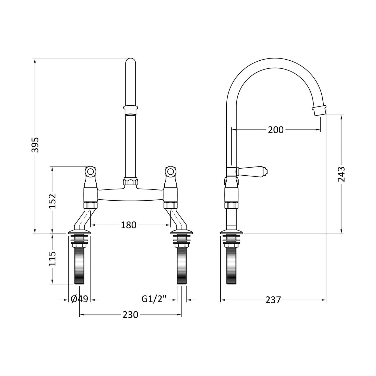 [BKT817] Norbury Bridge Mixer Kitchen Tap - Crosshead or Lever Handles, Choice of Colour - Technical Drawing