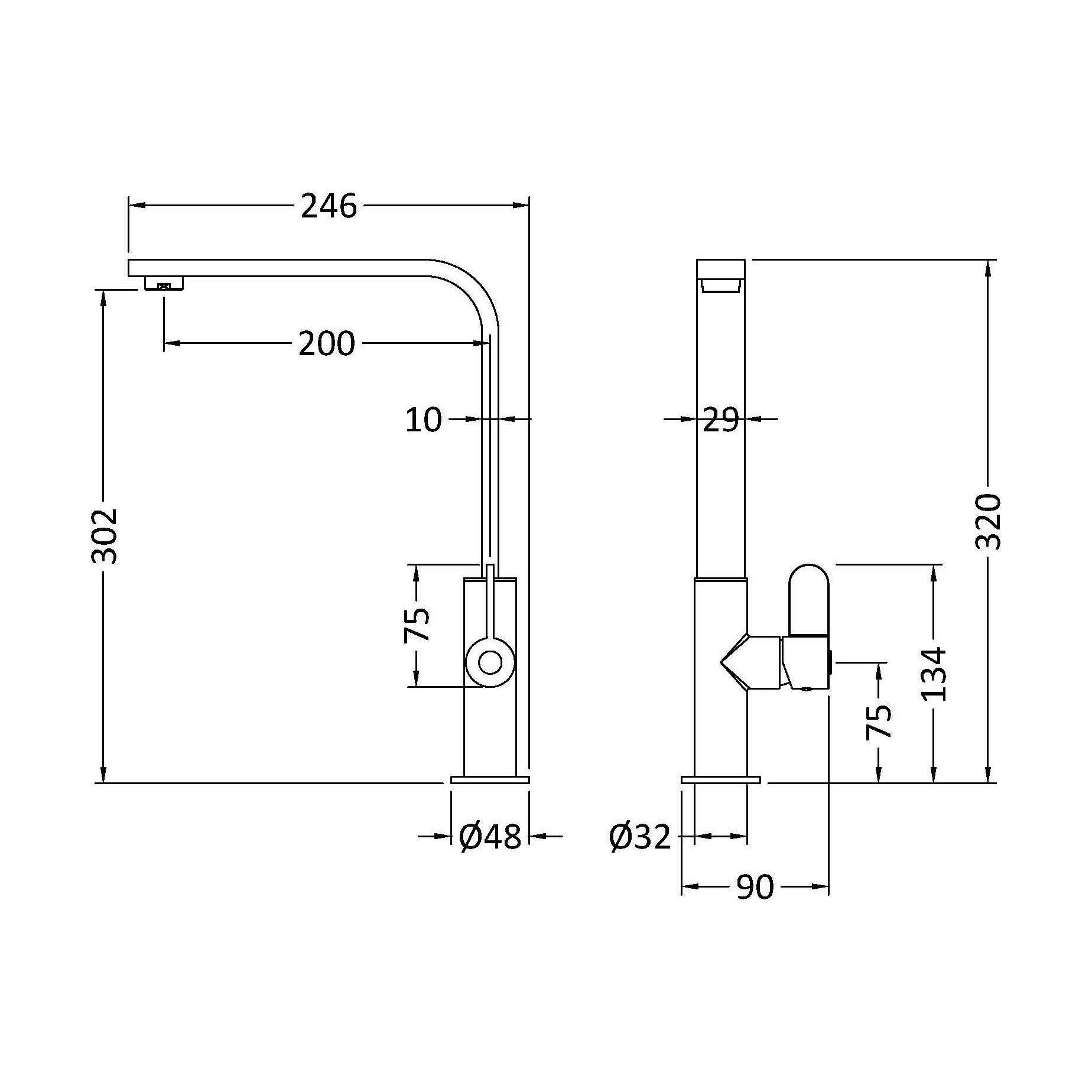 [BKTC305SL] Ipstones Kitchen Mono Mixer Tap - Single or Dual Lever, Choice of Colour - Technical Drawing
