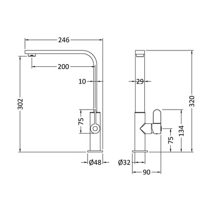 [BKTC405SL] Ipstones Kitchen Mono Mixer Tap - Single or Dual Lever, Choice of Colour - Technical Drawing