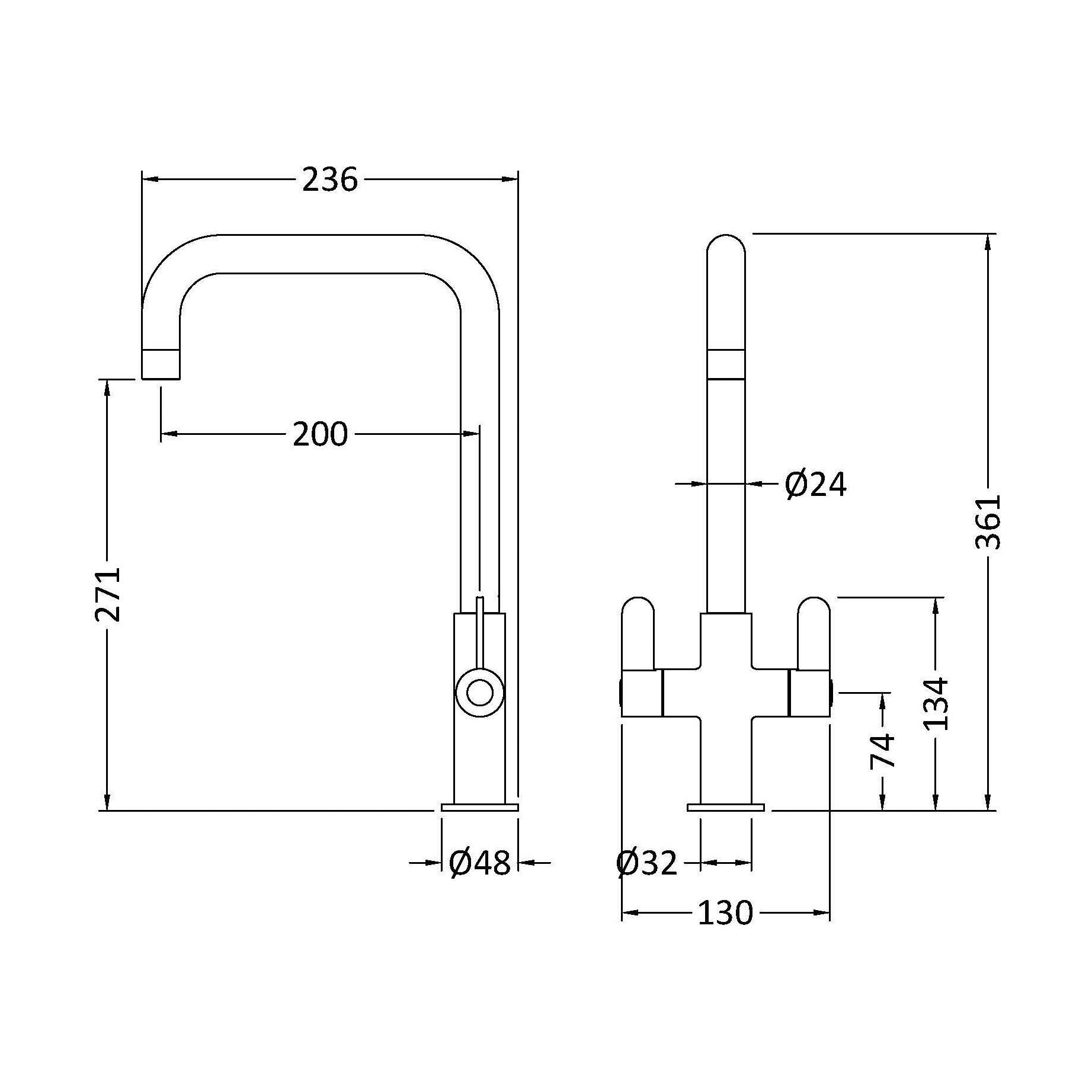 [BKTK305DL] Warslow Kitchen Mono Mixer Tap - Single or Dual Lever, Choice of Colour - Technical Drawing