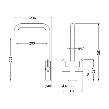 [BKTK305DL] Warslow Kitchen Mono Mixer Tap - Single or Dual Lever, Choice of Colour - Technical Drawing