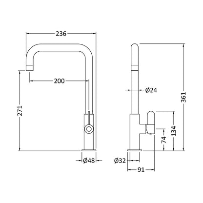 [BKTK805SL] Warslow Kitchen Mono Mixer Tap - Single or Dual Lever, Choice of Colour - Technical Drawing
