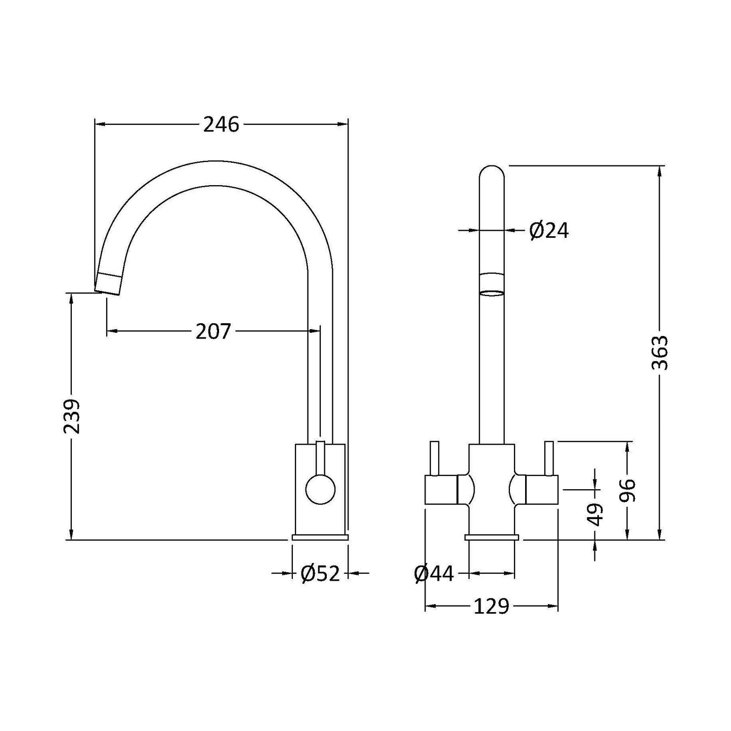 [BKTL305DL] Gratwich Kitchen Mono Mixer Tap - Single or Dual Lever, Choice of Colour - Technical Drawing