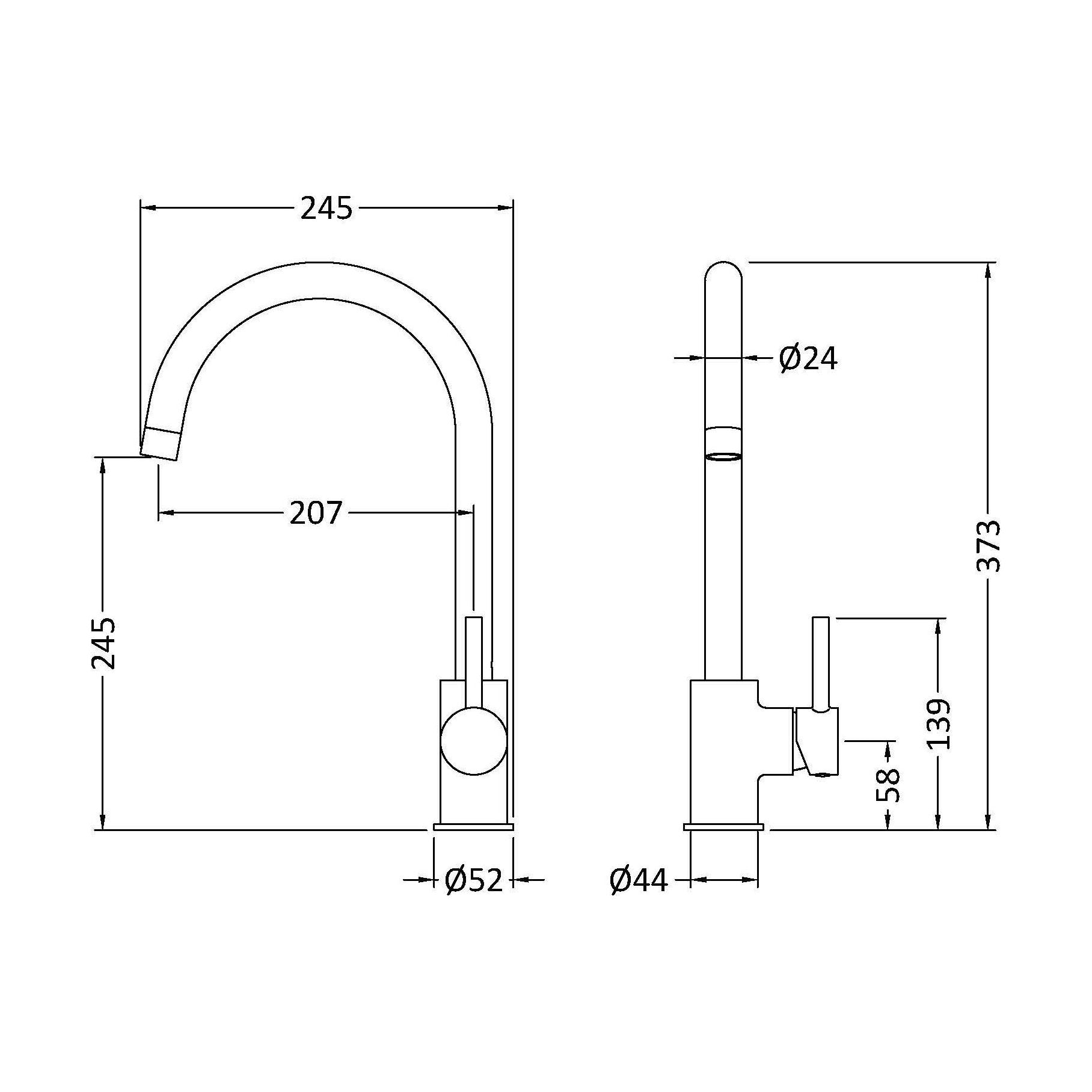 [BKTL405SL] Gratwich Kitchen Mono Mixer Tap - Single or Dual Lever, Choice of Colour - Technical Drawing