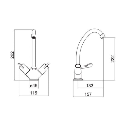 [BKTLEV04] Contemporary Dual Lever Kitchen Sink Mixer Tap - White - Technical Drawing