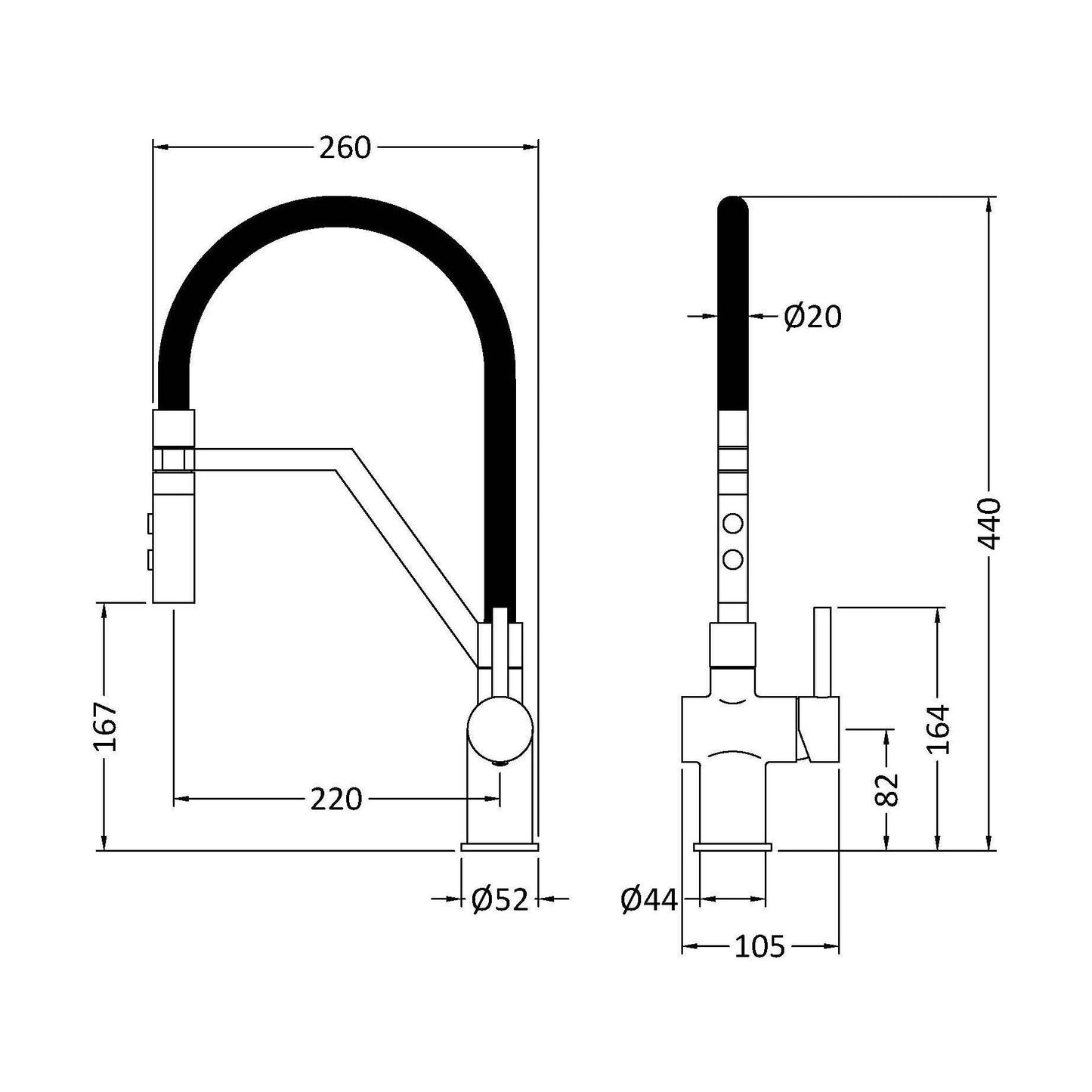 [BKTR305SL] Haughton Kitchen Mono Mixer Tap - Single or Dual Lever, Choice of Colour - Technical Drawing