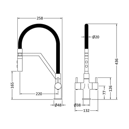 [BKTR605DL] Haughton Kitchen Mono Mixer Tap - Single or Dual Lever, Choice of Colour - Technical Drawing