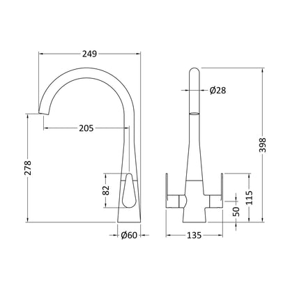 [BKTS405DL] Tatenhill Kitchen Mono Sink Mixer Tap - Single or Dual Lever, Choice of Colour - Technical Drawing