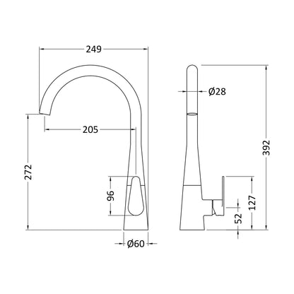 [BKTS605SL] Tatenhill Kitchen Mono Sink Mixer Tap - Single or Dual Lever, Choice of Colour - Technical Drawing