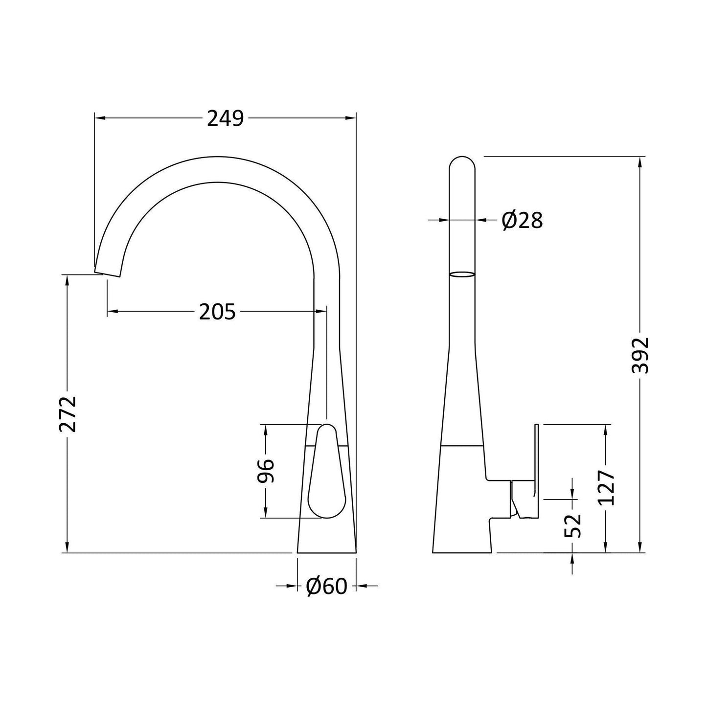 [BKTS805SL] Tatenhill Kitchen Mono Sink Mixer Tap - Single or Dual Lever, Choice of Colour - Technical Drawing