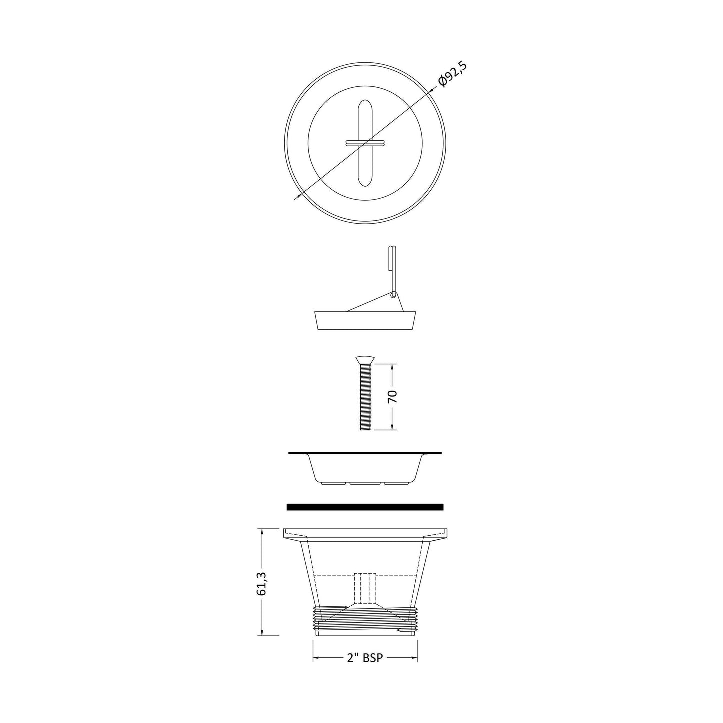 [BKW301] Traditional Cleaner Sink Waste with Plug with a Chrome Finish - Technical Drawing