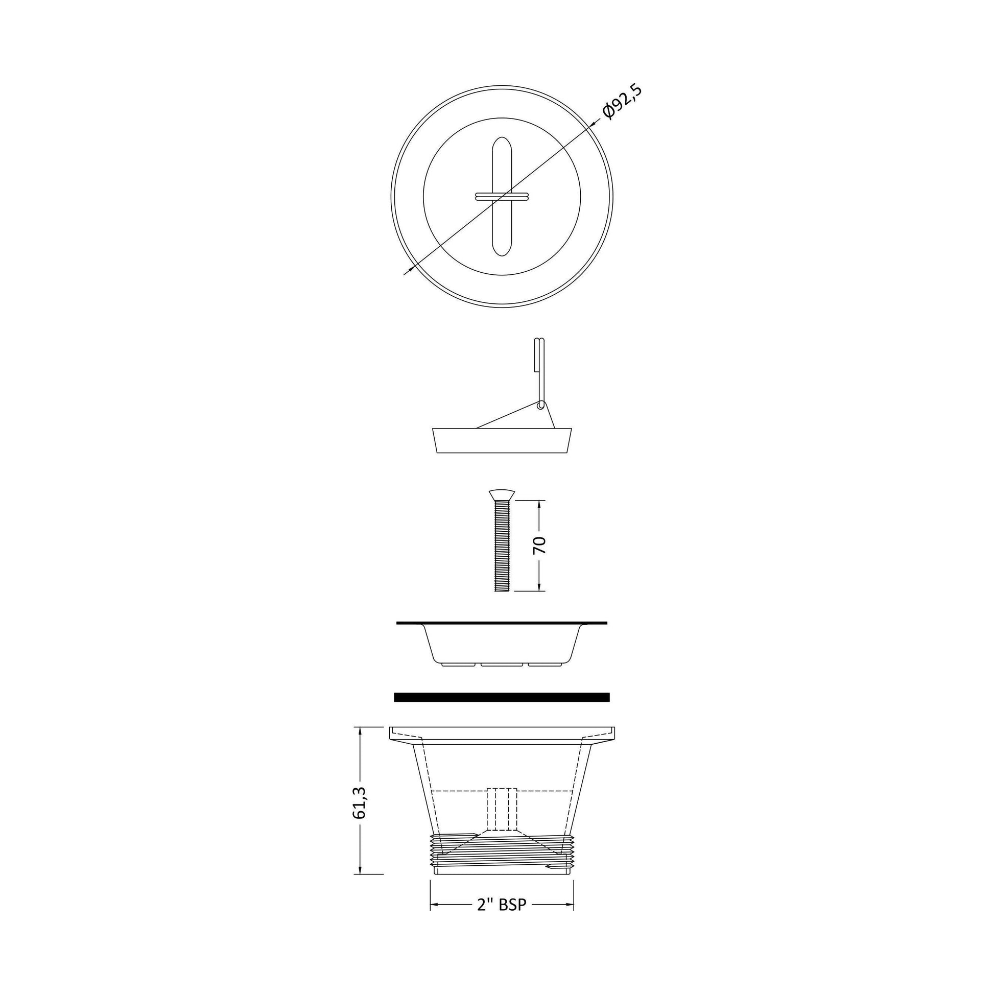 [BKW301] Traditional Cleaner Sink Waste with Plug with a Chrome Finish - Technical Drawing