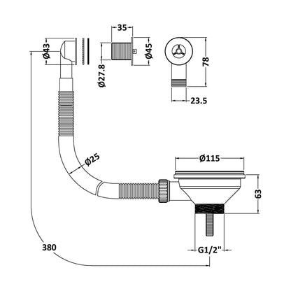 [BKW316R] 90mm Fireclay Kitchen Sink Basket Strainer Waste with Overflow - Multiple Colours Available - Technical Drawing