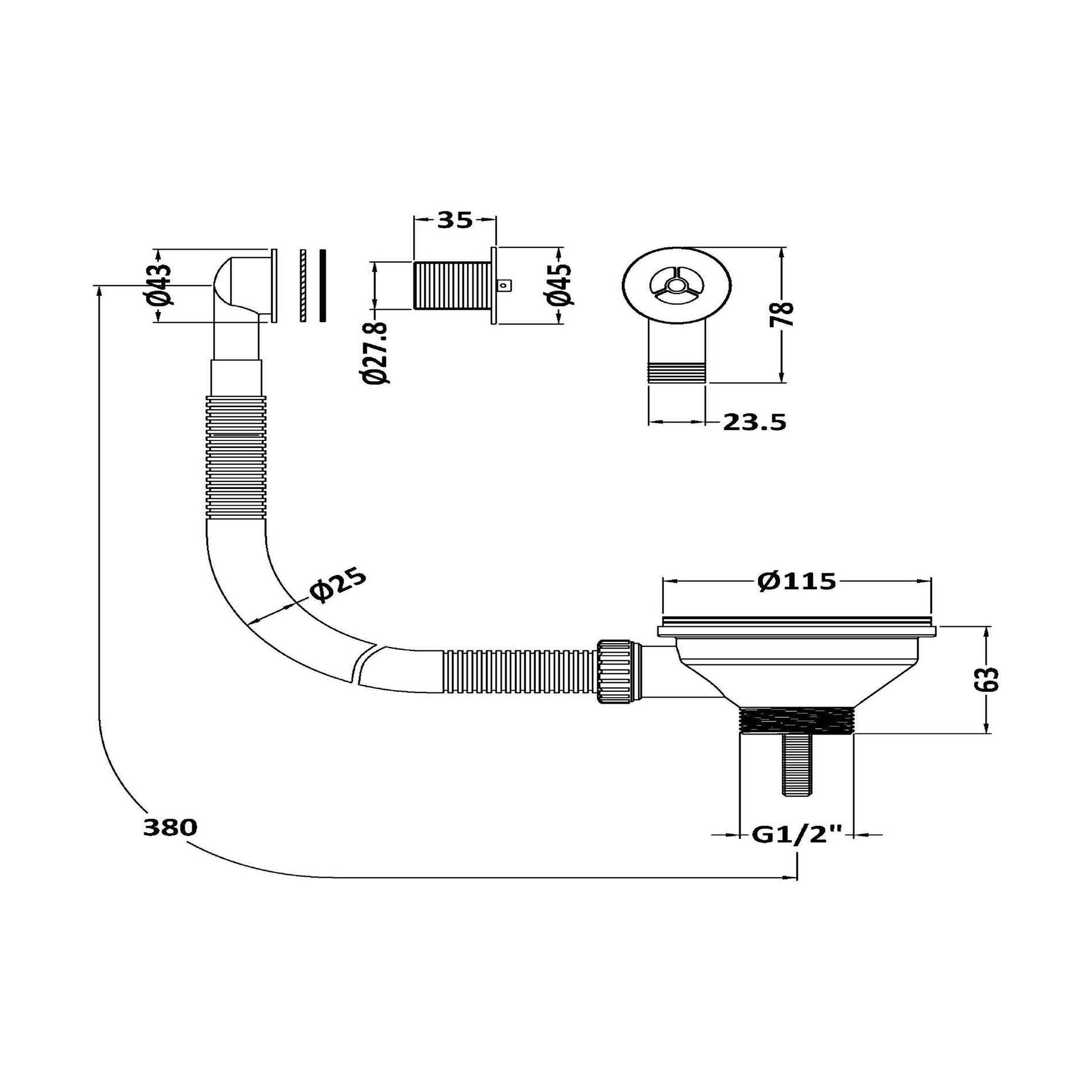 [BKW613R] 90mm Fireclay Kitchen Sink Basket Strainer Waste with Overflow - Multiple Colours Available - Technical Drawing