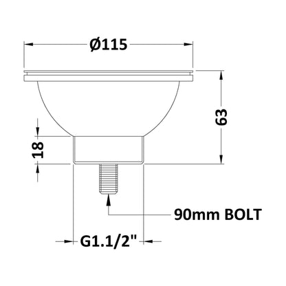 [BKW613] 90mm Fireclay Kitchen Sink Basket Strainer Waste - Multiple Colours Available - Technical Drawing