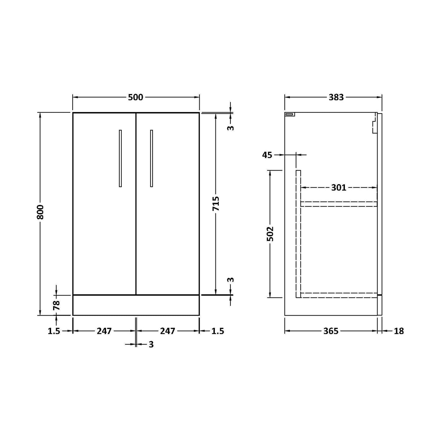 [BLA501N] 500 FS 2-DOOR UNIT (365 Deep) - Technical Drawing