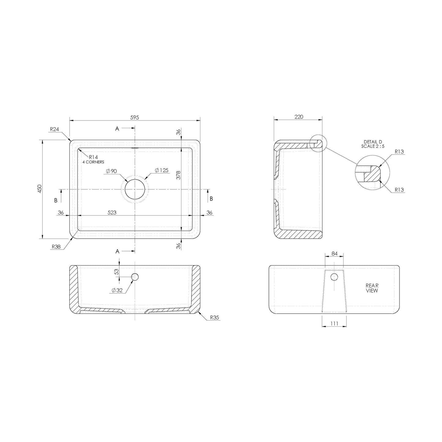 [BLBU17124] Traditional Single Bowl Fireclay Ceramic Butler Kitchen Sink with Overflow - 595mm - Technical Drawing