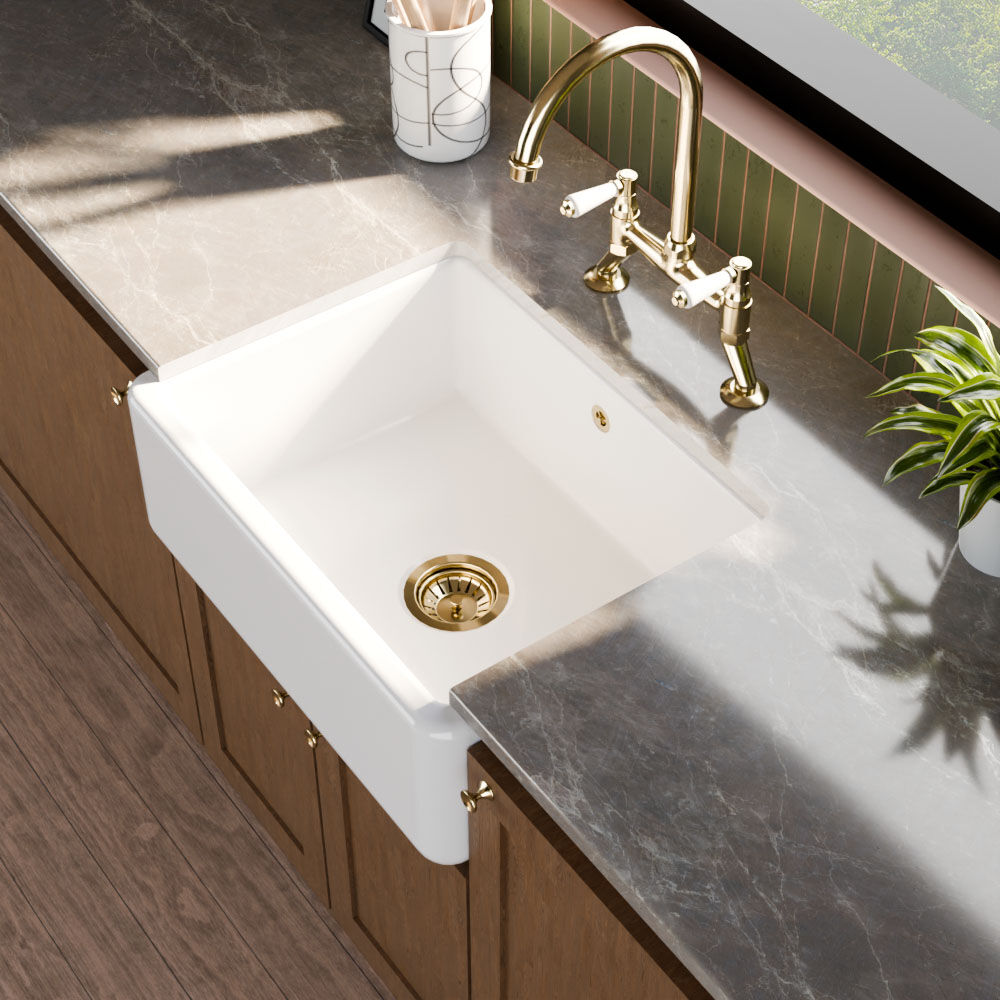 [BLBU17124] Traditional Single Bowl Fireclay Ceramic Butler Kitchen Sink with Overflow - 595mm - Lifestyle 3