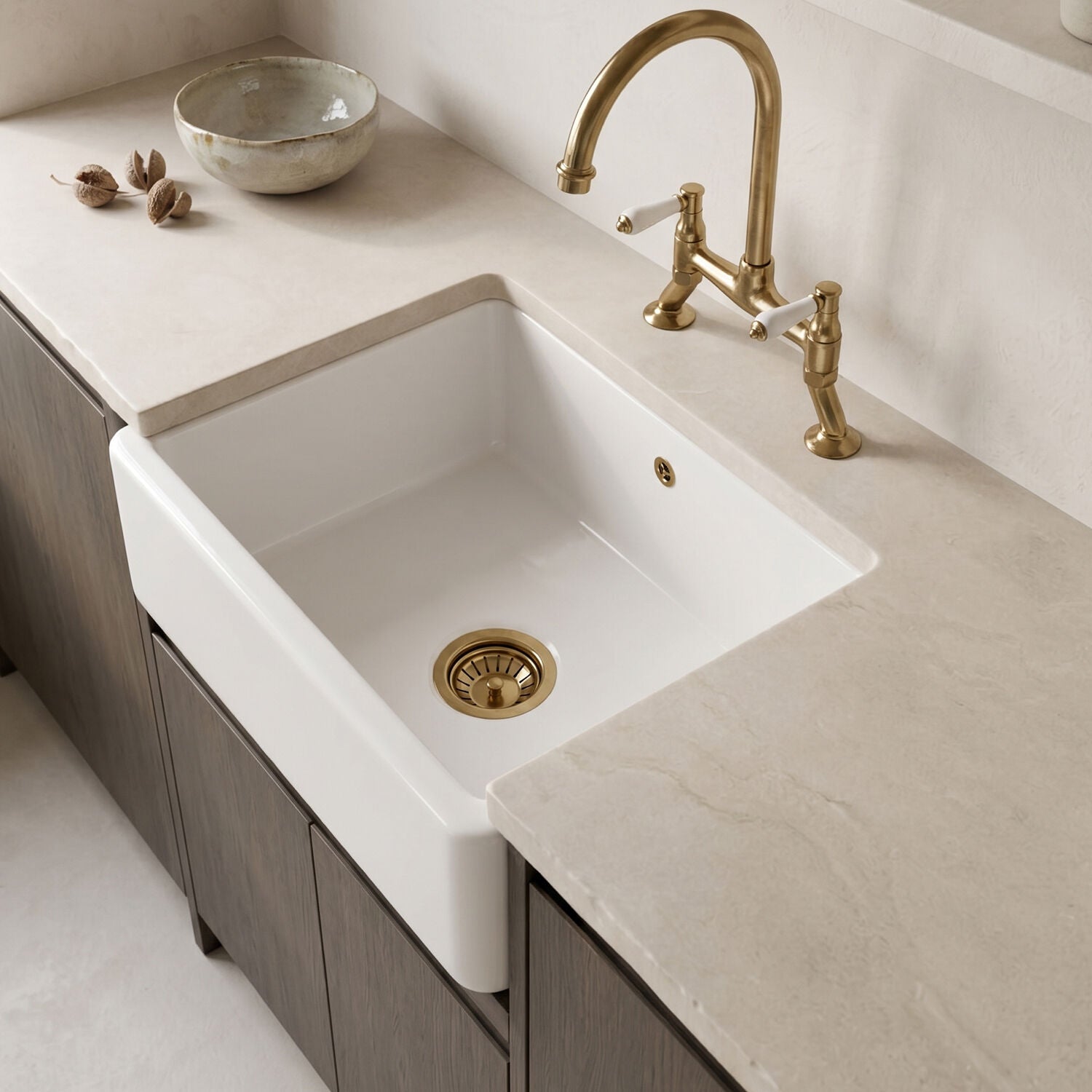 [BLBU17124] Traditional Single Bowl Fireclay Ceramic Butler Kitchen Sink with Overflow - 595mm - Silo