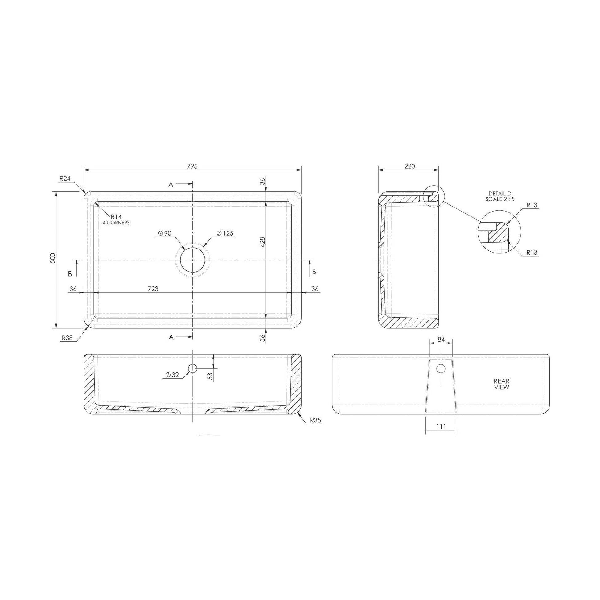 [BLBU17132] Traditional Single Bowl Fireclay Ceramic Butler Kitchen Sink with Overflow - 795mm - Technical Drawing