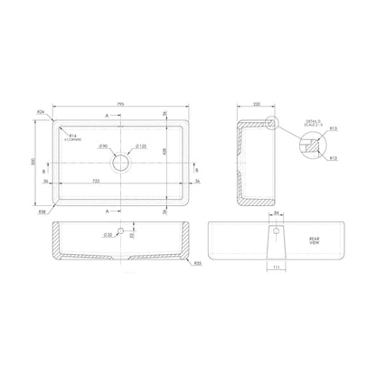 [BLBU17132] Traditional Single Bowl Fireclay Ceramic Butler Kitchen Sink with Overflow - 795mm - Technical Drawing