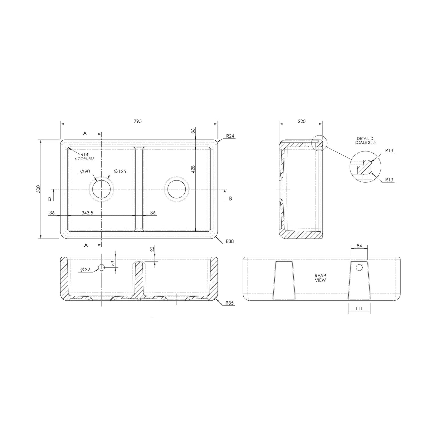 [BLBU171AS32D] Traditional Double Bowl Fireclay Ceramic Butler Kitchen Sink with Stepped Weir and Overflow - 795mm - Technical Drawing