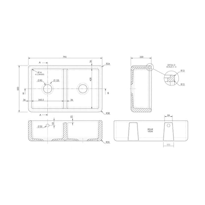 [BLBU171AS32D] Traditional Double Bowl Fireclay Ceramic Butler Kitchen Sink with Stepped Weir and Overflow - 795mm - Technical Drawing