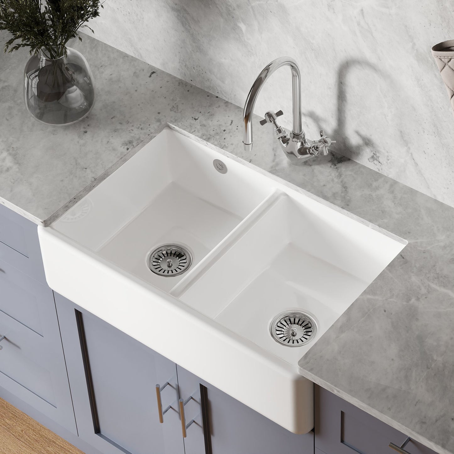 [BLBU171AS32D] Traditional Double Bowl Fireclay Ceramic Butler Kitchen Sink with Stepped Weir and Overflow - 795mm - Lifestyle 2