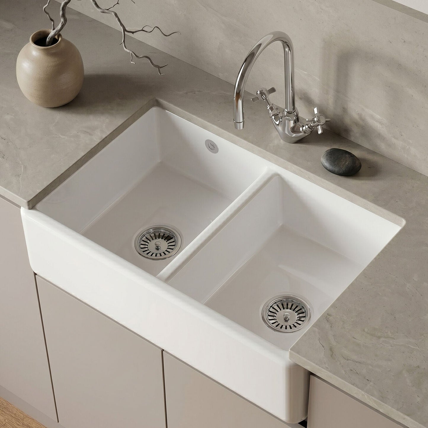 [BLBU171AS32D] Traditional Double Bowl Fireclay Ceramic Butler Kitchen Sink with Stepped Weir and Overflow - 795mm - Silo