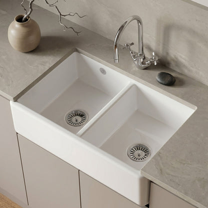 [BLBU171AS32D] Traditional Double Bowl Fireclay Ceramic Butler Kitchen Sink with Stepped Weir and Overflow - 795mm - Silo