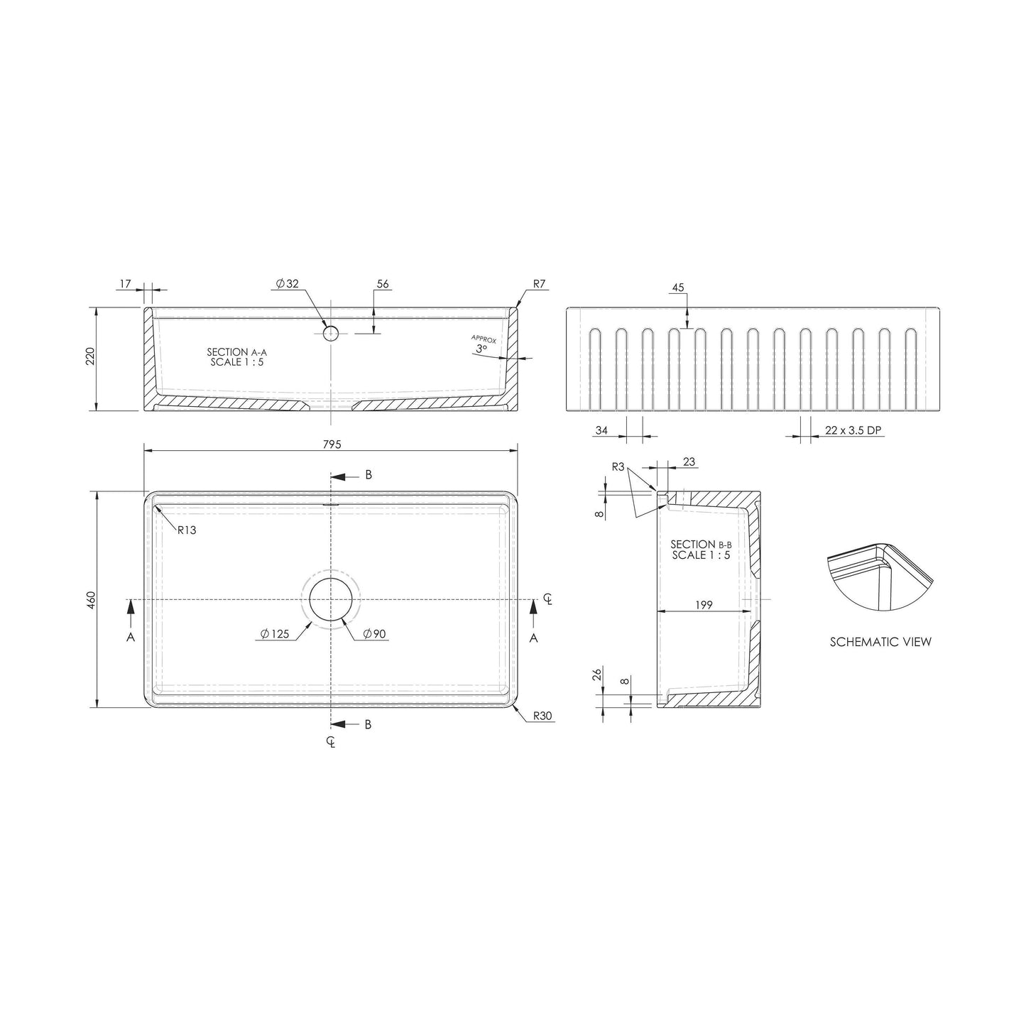 [BLBU18132] Fireclay Ceramic Kitchen Sink with Ledge - Choice of Design and Style - Technical Drawing
