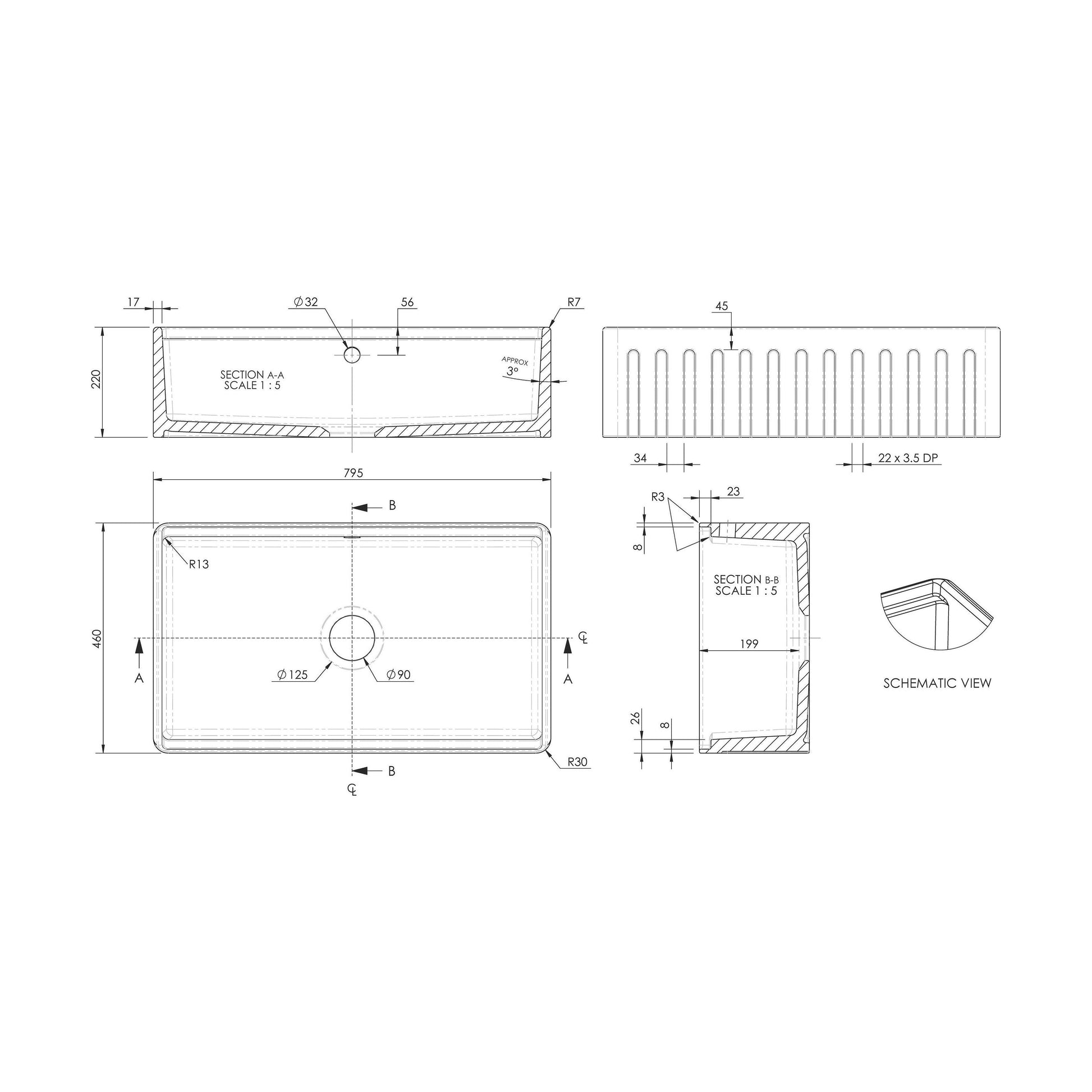[BLBU18132] Fireclay Ceramic Kitchen Sink with Ledge - Choice of Design and Style - Technical Drawing