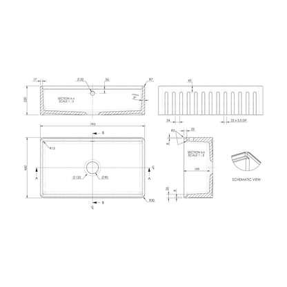 [BLBU18132] Fireclay Ceramic Kitchen Sink with Ledge - Choice of Design and Style - Technical Drawing