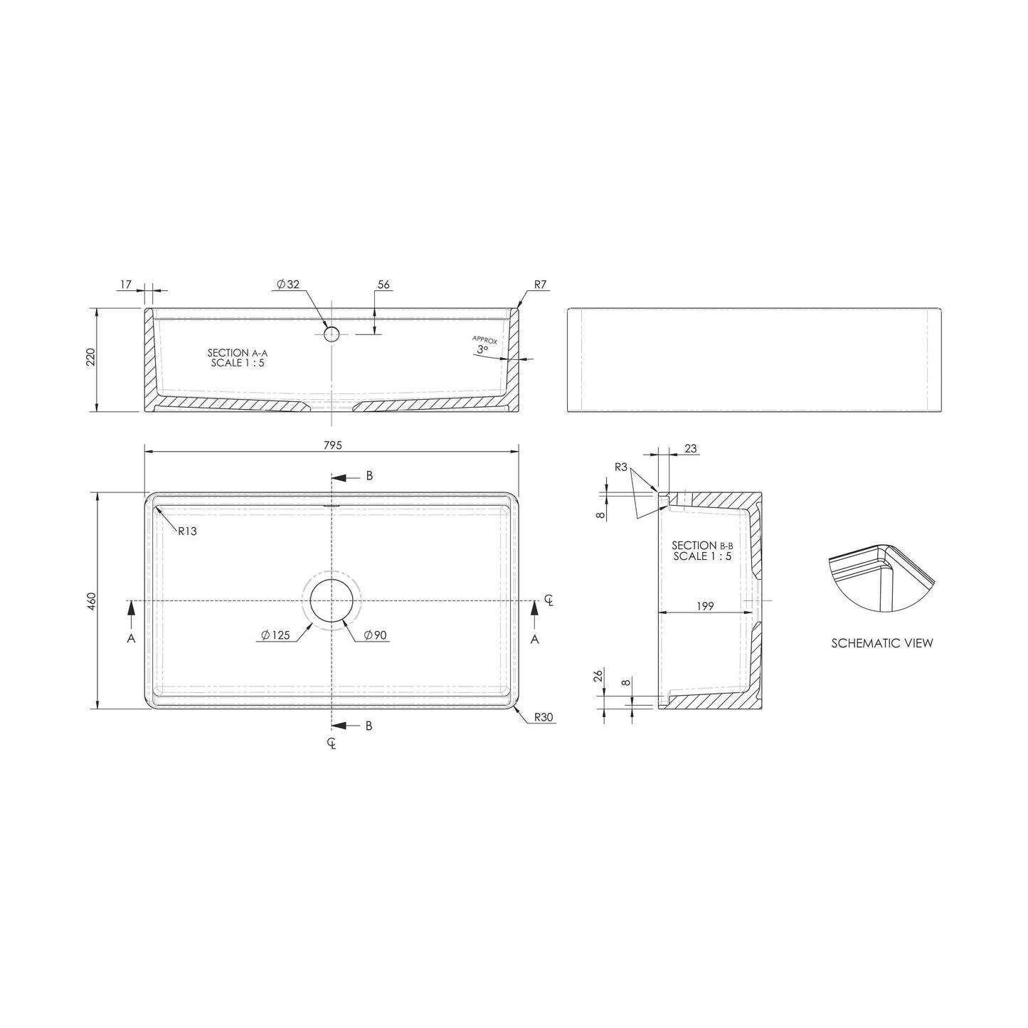 [BLBUF18132] Fireclay Ceramic Kitchen Sink with Ledge - Choice of Design and Style - Technical Drawing