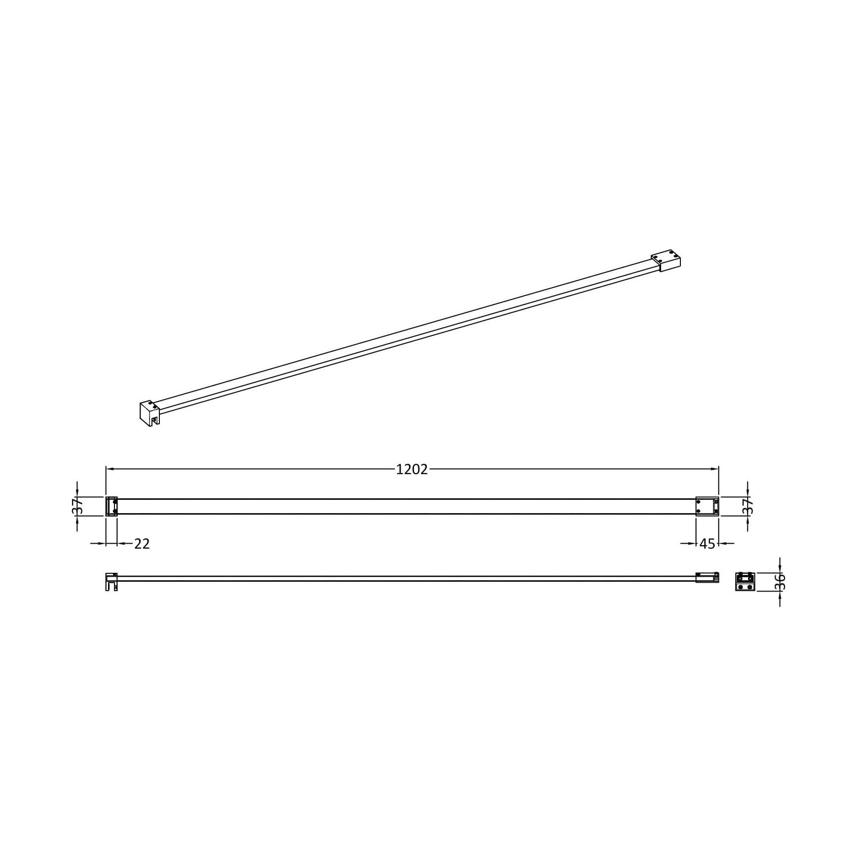 [BLFIX070] Balterley Wetroom Screen Support Bar (for use with 1950mm High Wetroom Screens) - Brushed Pewter - Technical Drawing