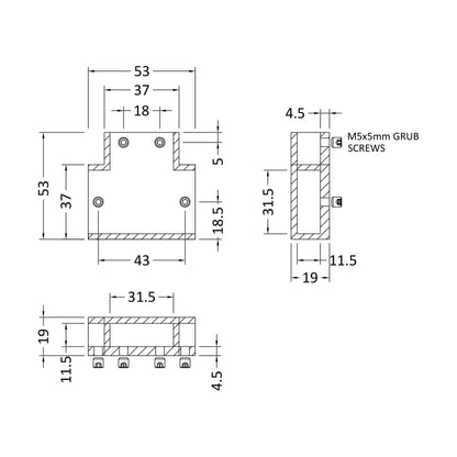 [BLFIX071] Balterley Wetroom Arm T Piece (for use with Flat Support Bar) - Brushed Pewter - Technical Drawing