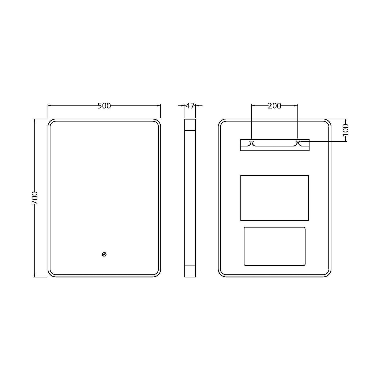[BLQ731] Quixhill Contemporary Inset Framed LED Touch Sensor Mirror with De-mister Pad, 700 x 500mm - Choice of Colour - Technical Drawing