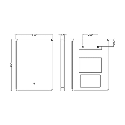 [BLQ733] Quixhill Contemporary Inset Framed LED Touch Sensor Mirror with De-mister Pad, 700 x 500mm - Choice of Colour - Technical Drawing