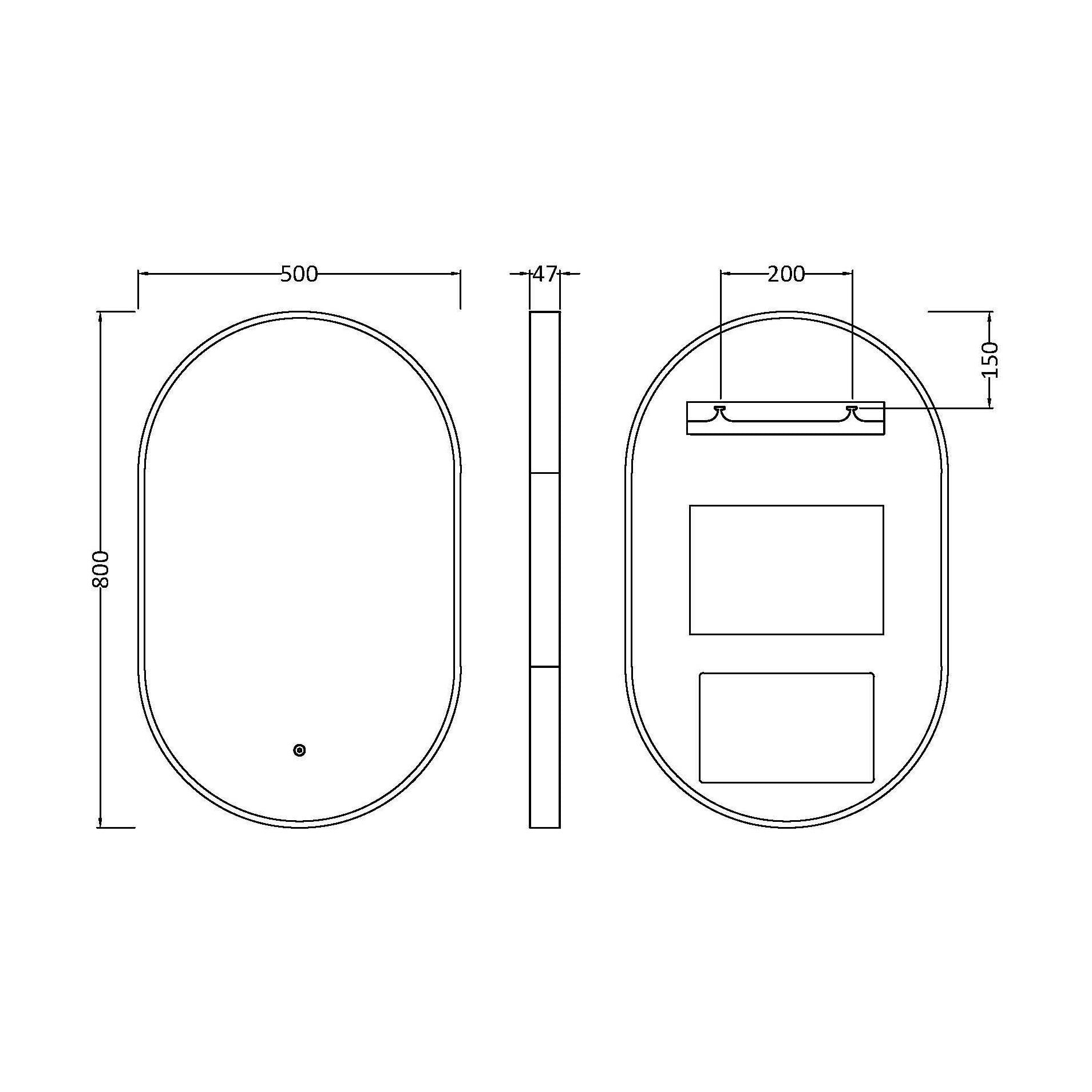 [BLQ761] Quixhill Contemporary Oval Inset Framed LED Touch Sensor Mirror - 800 x 500mm - Technical Drawing