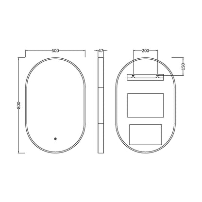 [BLQ763] Quixhill Contemporary Oval Inset Framed LED Touch Sensor Mirror - 800 x 500mm - Technical Drawing