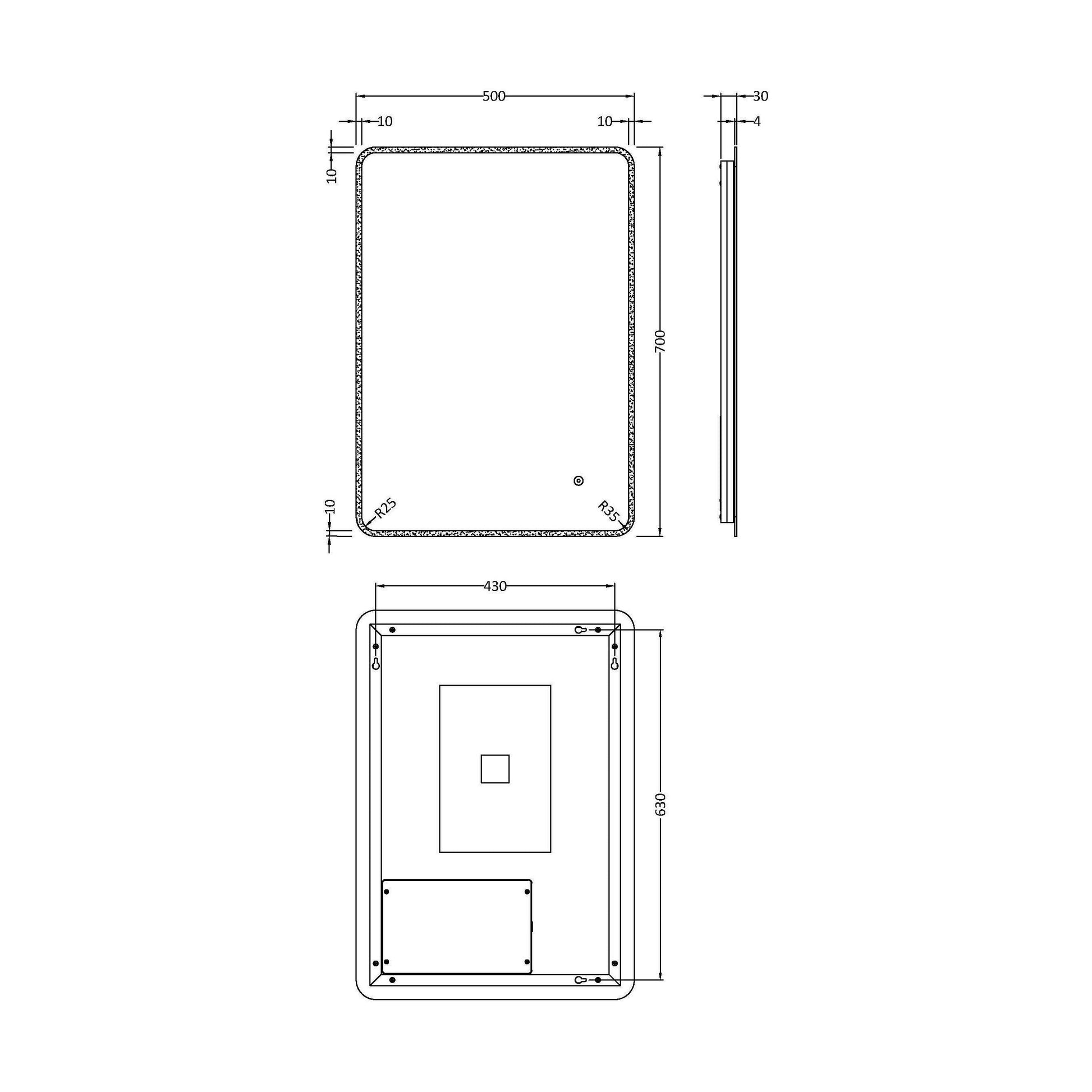 [BMAM603] Talke Soft Square LED Illuminated Touch Sensor Mirror with Demister, 700mm x 500mm - Technical Drawing