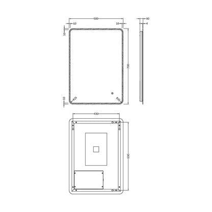 [BMAM603] Talke Soft Square LED Illuminated Touch Sensor Mirror with Demister, 700mm x 500mm - Technical Drawing