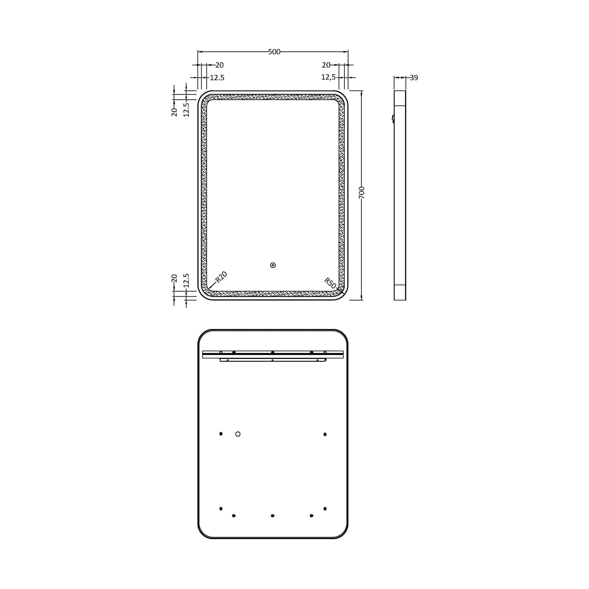 [BMFR702] Quixhill Rectangular LED Illuminated Touch Sensor Framed Mirror with Demister, 700mm x 500mm - Technical Drawing