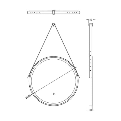 [BMFR711] Quixhill Round LED Illuminated Touch Sensor Framed Mirror with Demister & Strap - Choice of Colour and Size - Technical Drawing
