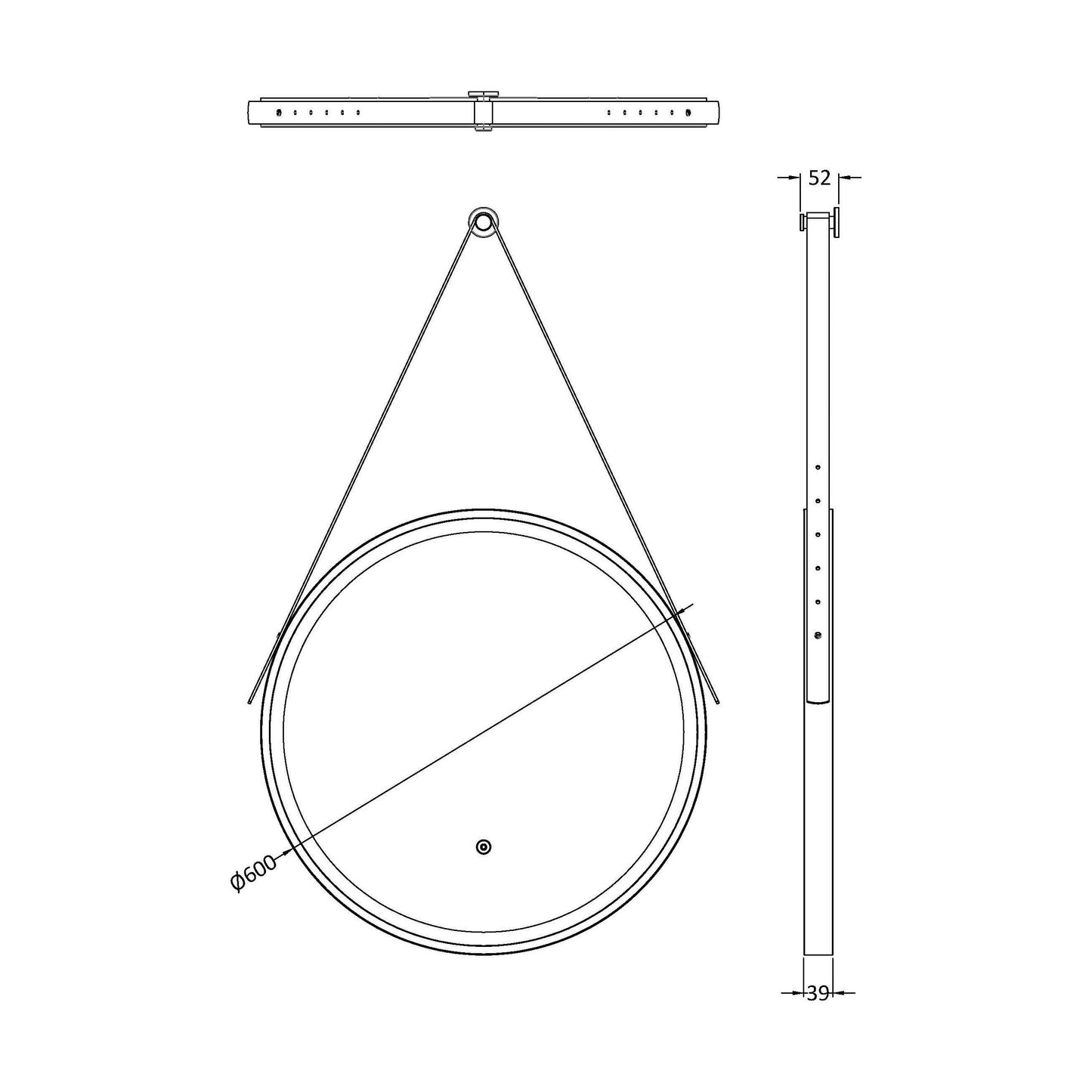 [BMFR712] Quixhill Round LED Illuminated Touch Sensor Framed Mirror with Demister & Strap - Choice of Colour and Size - Technical Drawing