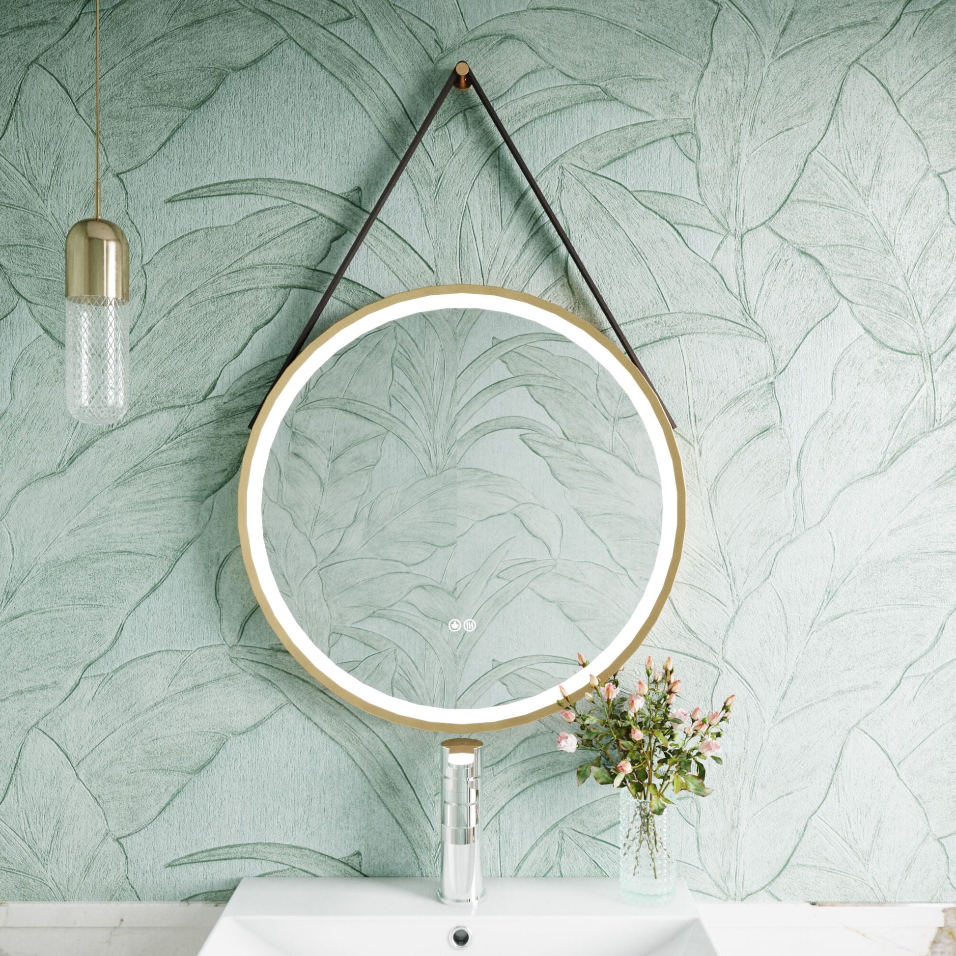 [BMFR712] Quixhill Round LED Illuminated Touch Sensor Framed Mirror with Demister & Strap - Choice of Colour and Size - Lifestyle 1